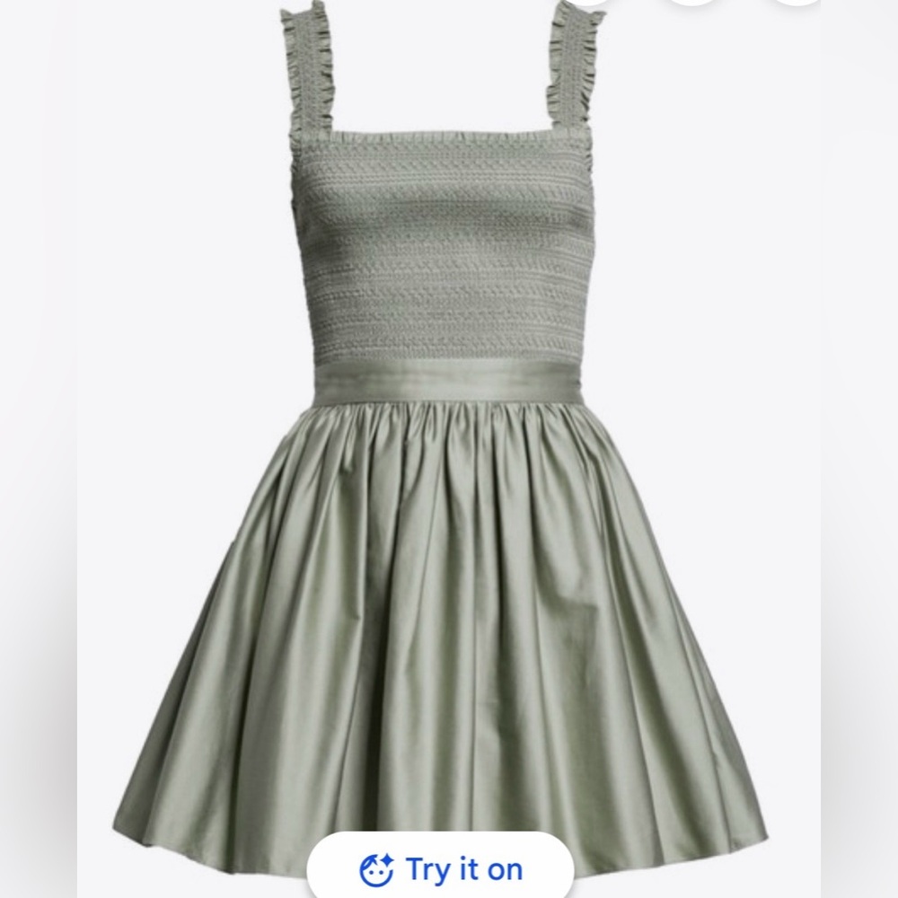Alice + Olivia Barrett Mini Dress Smocked Bodice Cotton Sage Green Size 10 NWT - Picture 3 of 11